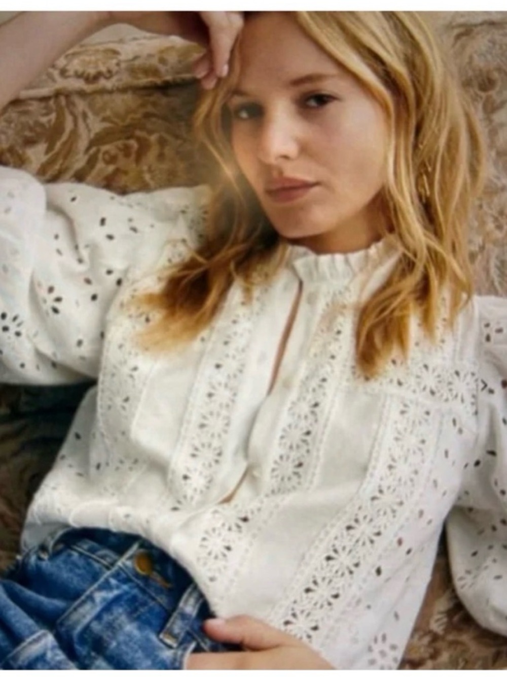 LIKE NEW Sézane Athina White Eyelet Puff-Sleeve Top 34
